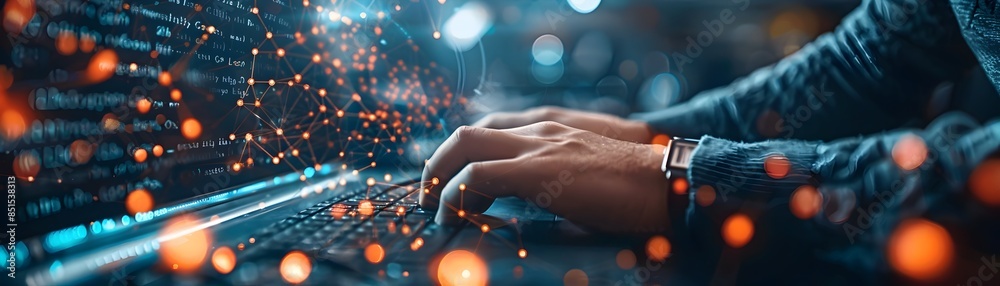 Poster network engineer configuring a complex corporate router setup for advanced technology networking and