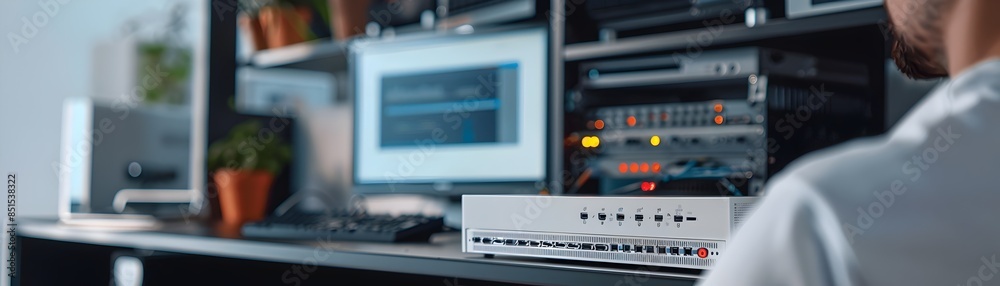 Poster network engineer configuring corporate router setup for digital communication and technology in busi