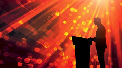 Silhouette of a speaker at a podium with a bright background designed for text overlay and clean visual appeal
