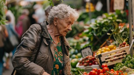 Elderly woman browsing fresh produce at a bustling farmers market