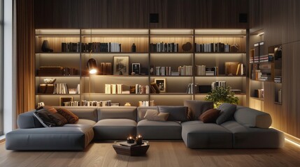 sophisticated lounge area with a built-in bookcase, hidden lighting, and modular sofas for a modern, cozy feel