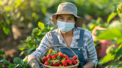 woman in a mask picking strawberries