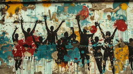 Fototapeta premium Graffiti painted on a shabby wall depicting cheering fans of the national football team