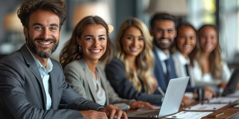 Fototapeta premium Diverse group of smiling business professionals sitting in a row with laptops and documents at a conference table