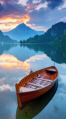 Wooden Boat on a Calm Lake with Majestic Mountain Backdrop at Sunset