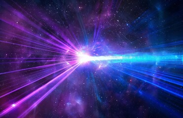 Laser beam of purple and blue colors shooting out from the center on black background