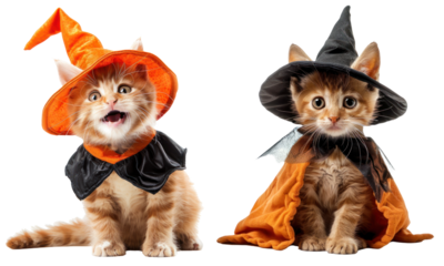 The happy kitten waring Halloween costume isolated on the white background