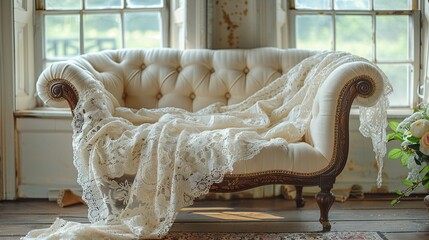 Delicate lace doilies draped over antique furniture, adding a touch of vintage charm to interior decor. Abstract Backgrounds Illustration, Minimalism,