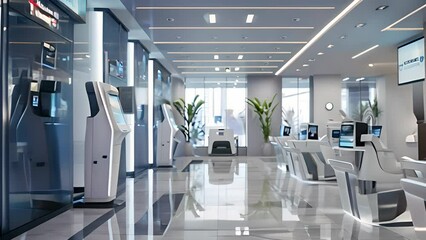 Modern bank interior with digital kiosks and robotic assistants