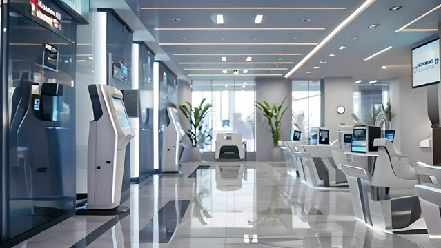 Modern bank interior with digital kiosks and robotic assistants