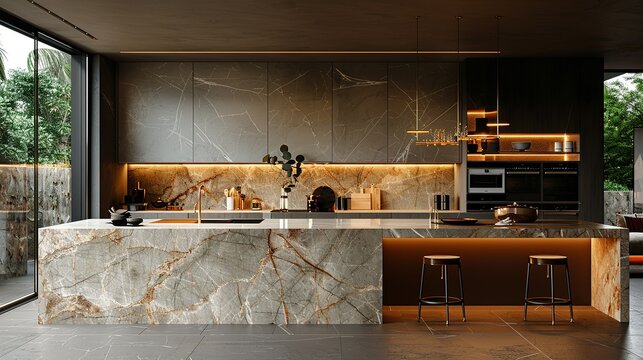 Luxe marble countertops gleaming under soft ambient light, elevating the aesthetic of modern kitchens. Abstract Backgrounds Illustration, Minimalism,