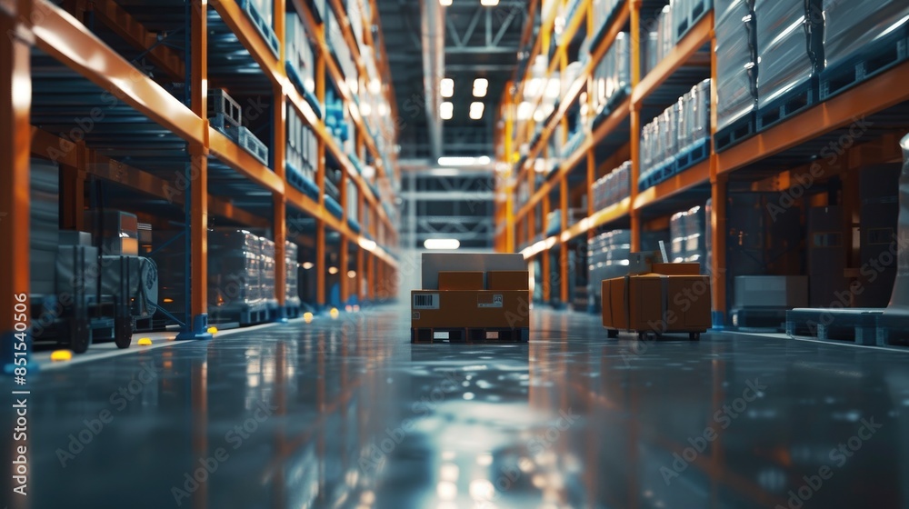 Poster background image of smart robotic machine inspecting product in storage. warehouse interior with she