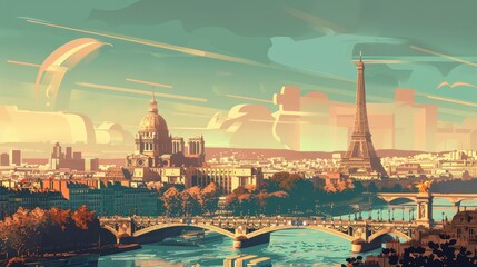 Obraz premium Futuristic cityscape featuring iconic landmarks, blending modern and classic architecture with vibrant skies and reflective waters.