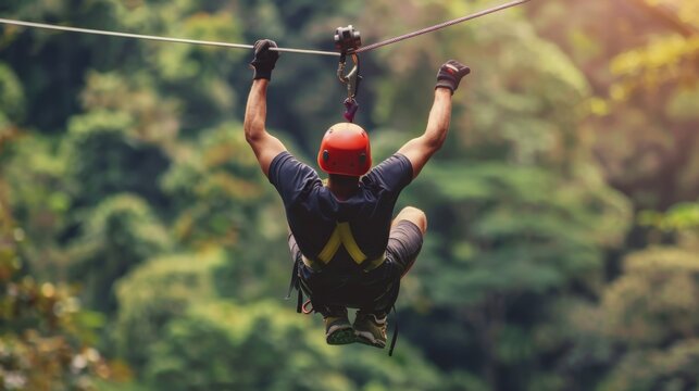 Man ziplines through Costa Rican rainforest on thrilling adventure.&nbsp;Concept Travel,&nbsp;Adventure,&nbsp;Costa Rica,&nbsp;Rainforest,&nbsp;Ziplining