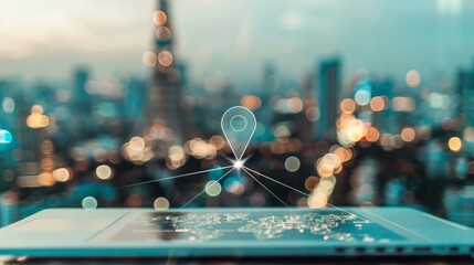 Map pin location button with connection line and world map on laptop computer screen on table over blur city tower, Map pointer navigation online concept