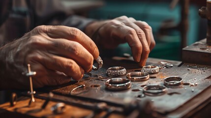A jewelry manufacturing plant with artisans crafting rings