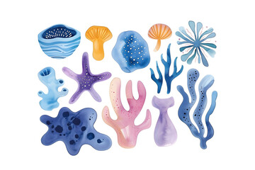 Naklejka premium Collection of Watercolor sea plants, corals and organisms isolated on white background