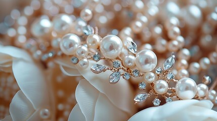 Exquisite pearl embellishments adorning bridal accessories, adding a touch of elegance to wedding attire. Abstract Backgrounds Illustration, Minimalism,
