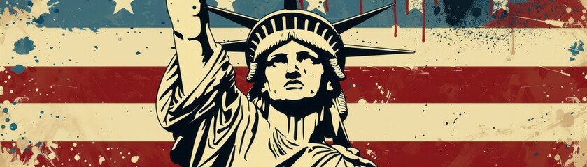 Vintage style illustration of the Statue of Liberty with American flag background, symbolizing freedom and American culture.