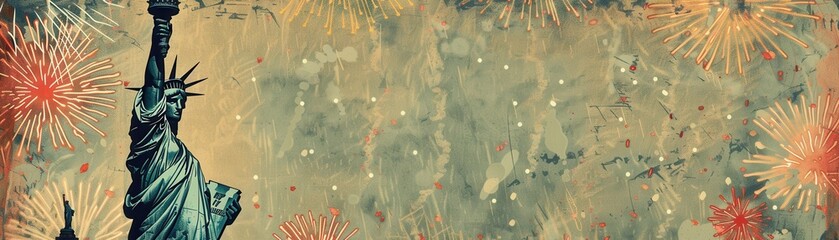 Obraz premium Vintage illustration of the Statue of Liberty with fireworks in the background, symbolizing celebration and American patriotism.