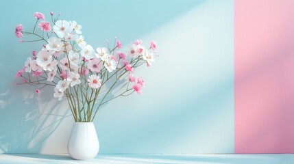 Fototapeta premium Simple and elegant white flowers on a pastel-colored floor, featuring ample space for text, perfect for a minimalist backdrop.