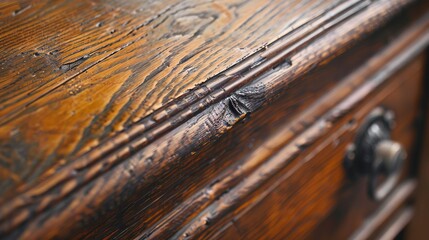 Fototapeta premium Close-up of rustic wooden furniture detail showcasing intricate texture and elegance of aged wood craftsmanship.