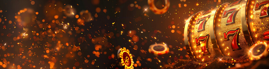 Slot machine with 777 jackpot, flying gold chips and coins. Online casino, gambling and winning concept. Online casino banner, copy space.