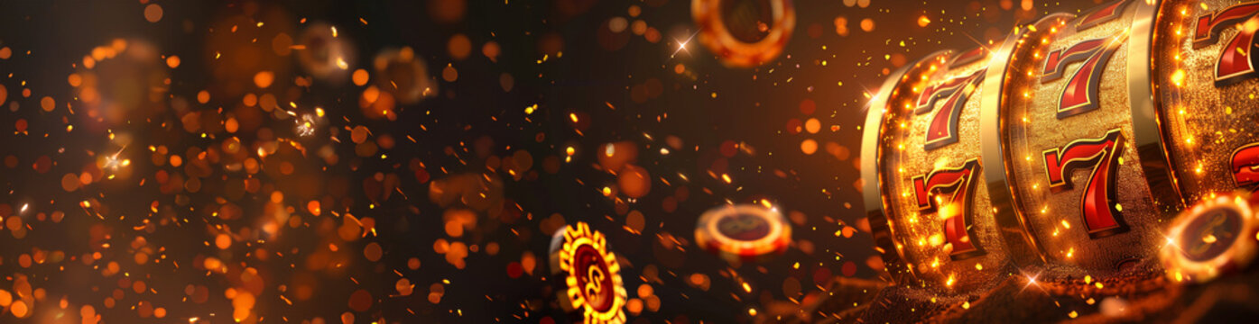Slot machine with 777 jackpot, flying gold chips and coins. Online casino, gambling and winning concept. Online casino banner, copy space.