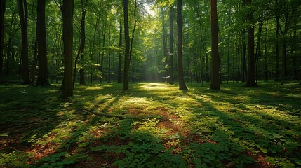 Fototapeta premium Sunlight filtering through dense foliage, casting intricate shadow patterns on the forest floor, evoking a sense of serenity and tranquility. Abstract Backgrounds Illustration, Minimalism,