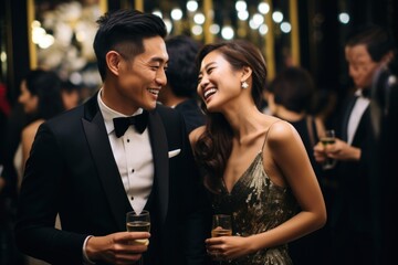East asian couple celebration laughing wedding.
