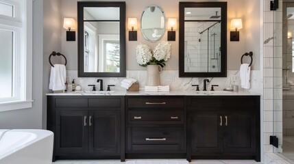stylish bathroom with a double vanity, modern fixtures, and luxurious materials creating a high-end feel
