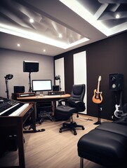 A recording studio with a keyboard, chair, speakers, and a computer. The property for music production