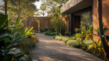 Path leading to an eco-house entrance, breathing brick facade and surrounding flora, upper third copy space