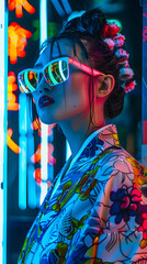 Fototapeta premium Beautiful woman wearing bright kimono, neon colors, in the style of futuristic pop, street pop art
