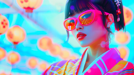 Beautiful woman wearing bright kimono, neon colors, in the style of futuristic pop, street pop art