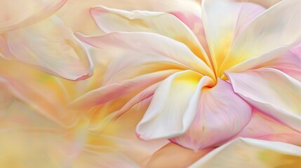 Frangipani petals, close-up, soft pastel colors, warm sunlight, detailed texture, tropical foliage background. 