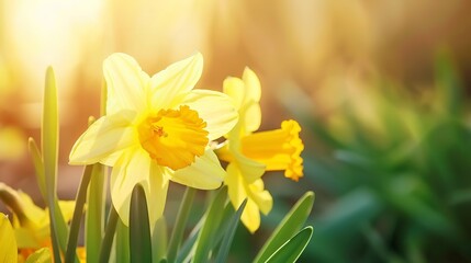 Spring daffodil, close-up, bright yellow petals, warm morning light, sharp focus, fresh greenery background. 