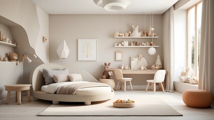 A cozy and modern kids living room with a minimalist design, neutral light brown color theme, toys, teddy bear, children bedroom