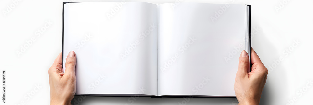 Canvas Prints A5 open book mockup held by hands showcasing a blank page for design isolated on a white background providing copy space image