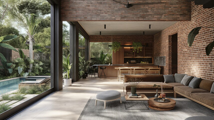 Fototapeta premium Open-plan living space with breathing brick walls blending indoor and outdoor, garden view, left third copy space