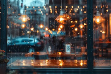 Obraz premium Craft a cafe window from a tilted angle view on a rainy day, showcasing rain streaming down the glass, warm light spilling out, and cozy interior details inviting viewers in,
