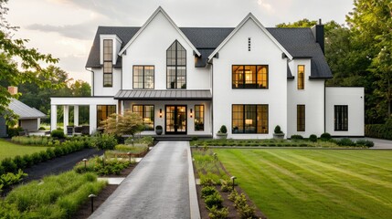 Obraz premium A sleek white modern home with large black windows surrounded by lush green grass and geometric patterns of marble accents in the driveway showcasing architectural details.