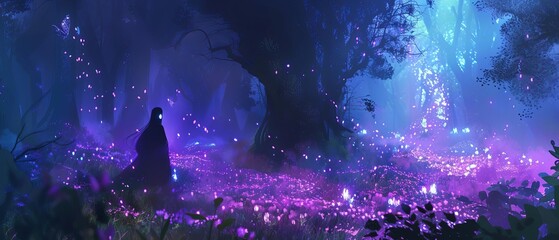 Craft a digital painting of a mystical forest in a rear view virtual experience, emphasizing luminescent flora and fauna interacting with ethereal avatars,