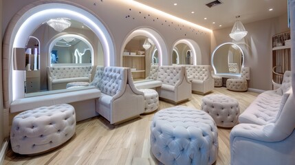 stylish boutique dressing room with plush seating, elegant mirrors, and soft lighting for a luxurious shopping experience