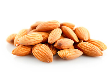 Obraz premium Close-up of shelled and unshelled Almond nuts isolated on a white background, showcasing their texture