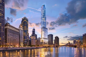 Design a panoramic view of a modern city skyline at dusk, emphasizing the glowing lights and architectural details with an economical approach,