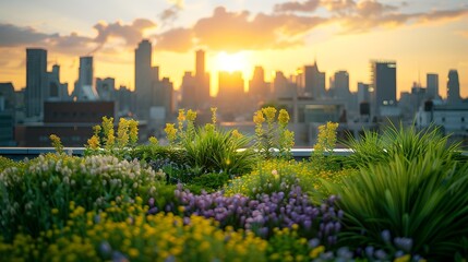 Lush Urban Garden Rooftops Against Vibrant City Skyline   Blending Nature and Metropolitan Architecture - Powered by Adobe