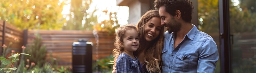 Obraz premium Family Installs Rainwater Collection System in Backyard for Sustainable Living and Nature Conservation