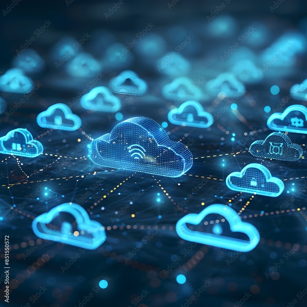 Poster holographic display of a cloud computing network showcasing active nodes and data paths