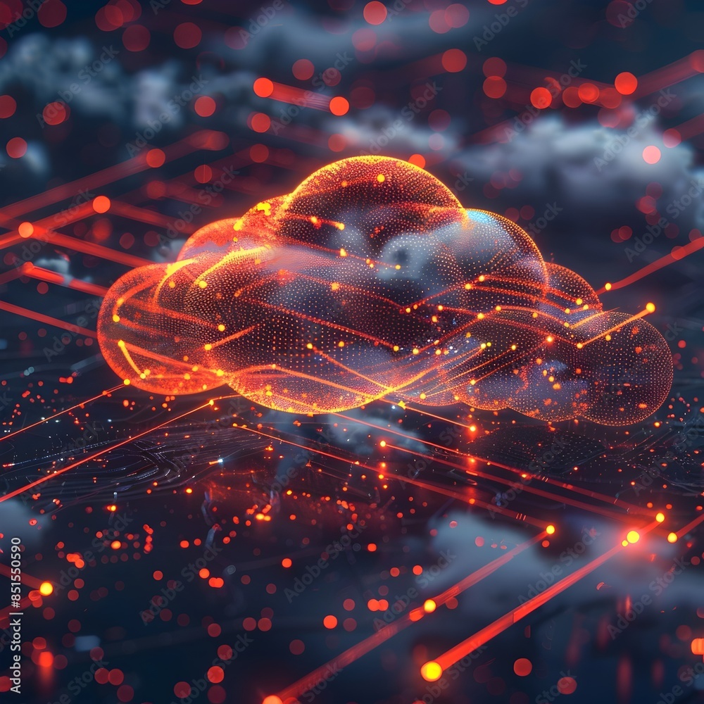 Poster holographic display of cloud computing network showing active nodes and data paths futuristic techno
